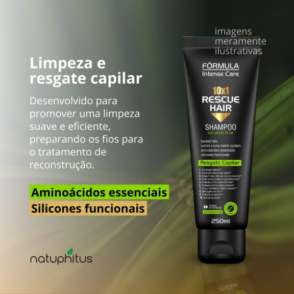 Shampoo Reconstrução Total Rescue Hair 10 x 1 250ml - Fórmula Intense Care-Imagem 2