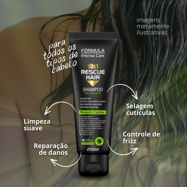 Shampoo Reconstrução Total Rescue Hair 10 x 1 250ml - Fórmula Intense Care-Imagem 3