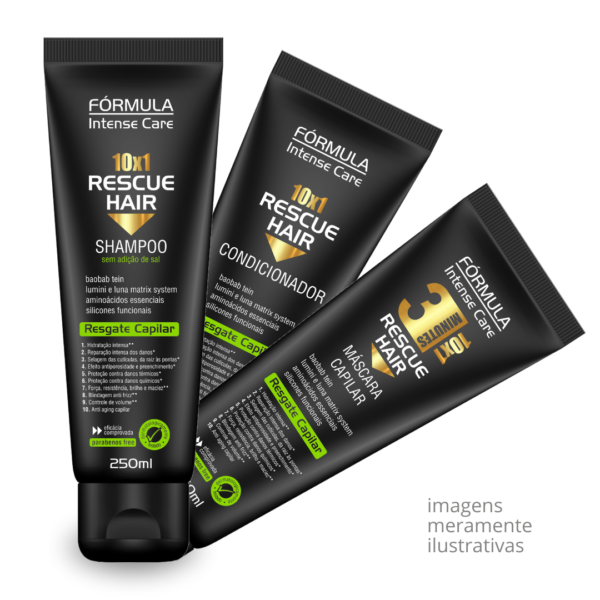 Kit Shampoo + Condicionador + Máscara Reconstrução Total em 3 Minutos Rescue Hair 10X1 - Fórmula Intense Care