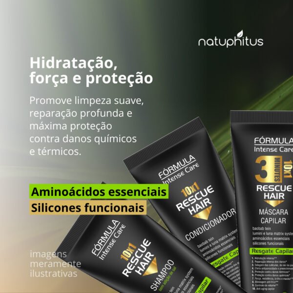 Kit Shampoo + Condicionador + Máscara Reconstrução Total em 3 Minutos Rescue Hair 10X1 - Fórmula Intense Care-Imagem 2