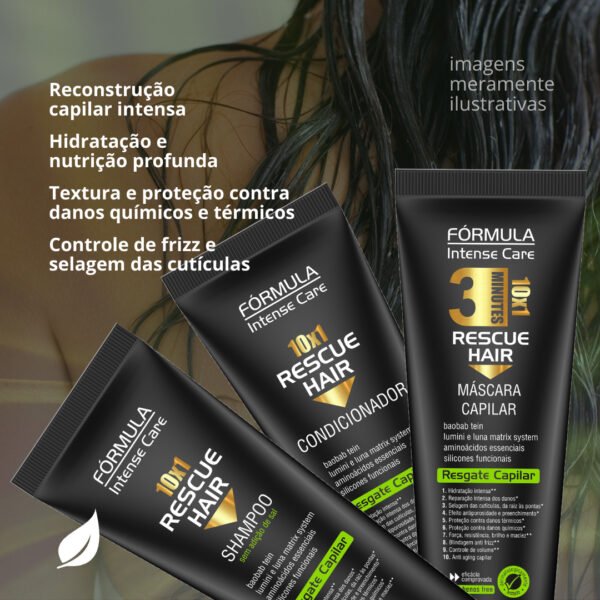 Kit Shampoo + Condicionador + Máscara Reconstrução Total em 3 Minutos Rescue Hair 10X1 - Fórmula Intense Care-Imagem 3