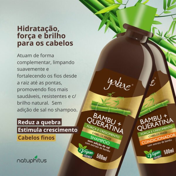 Kit 3 Shampoo Bambu e Queratina + 2 Condicionador Bambu e Queratina Vegano 500ml - Yabae-Imagem 2