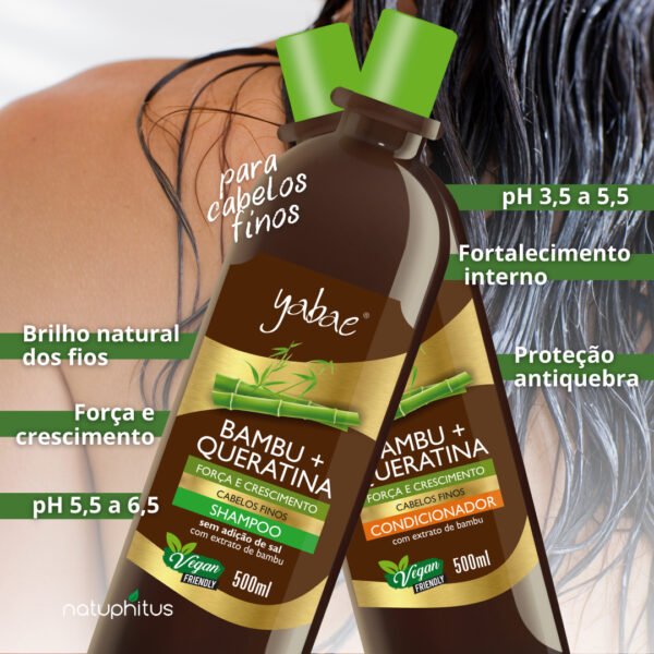 Kit 3 Shampoo Bambu e Queratina + 2 Condicionador Bambu e Queratina Vegano 500ml - Yabae-Imagem 3